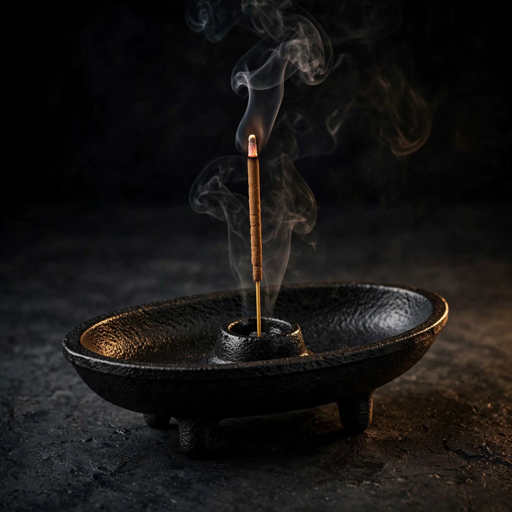 Cast Iron Canoe Smudge Pot with incense stick on dark background