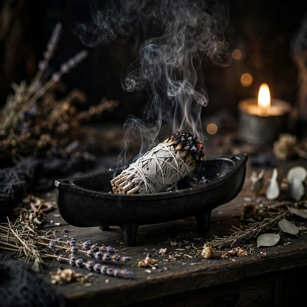 Canoe Smudge Pot with smoldering sage bundle on dark altar