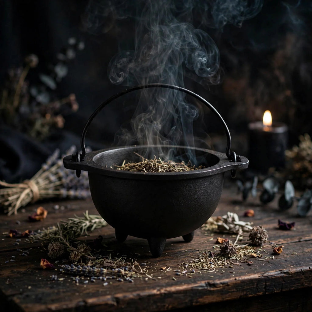 Cast Iron Cauldron with incense smoke on altar