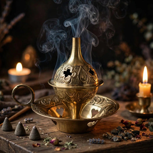 Brass cone burner in use with incense smoke