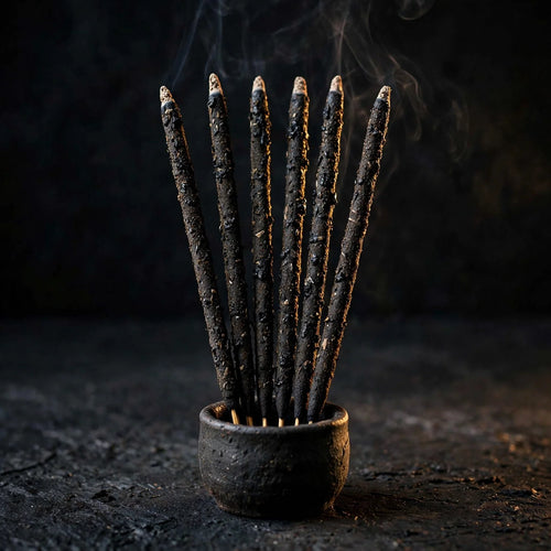 Six hand-rolled black copal incense sticks on dark background