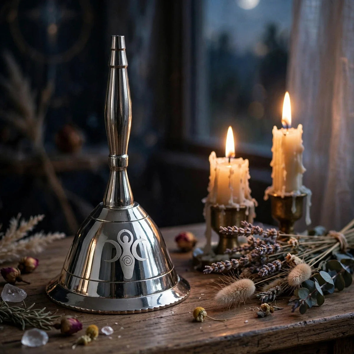 Silver altar bell on candlelit altar