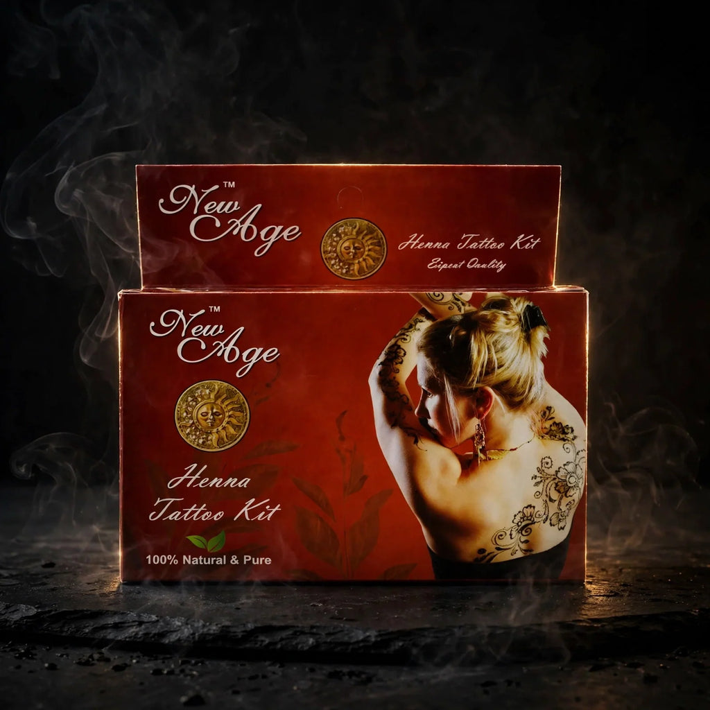 New Age Henna Tattoo Kit box on dark slate