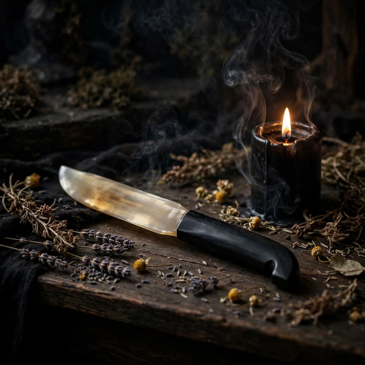 Horn Athame on dark altar with candle and herbs