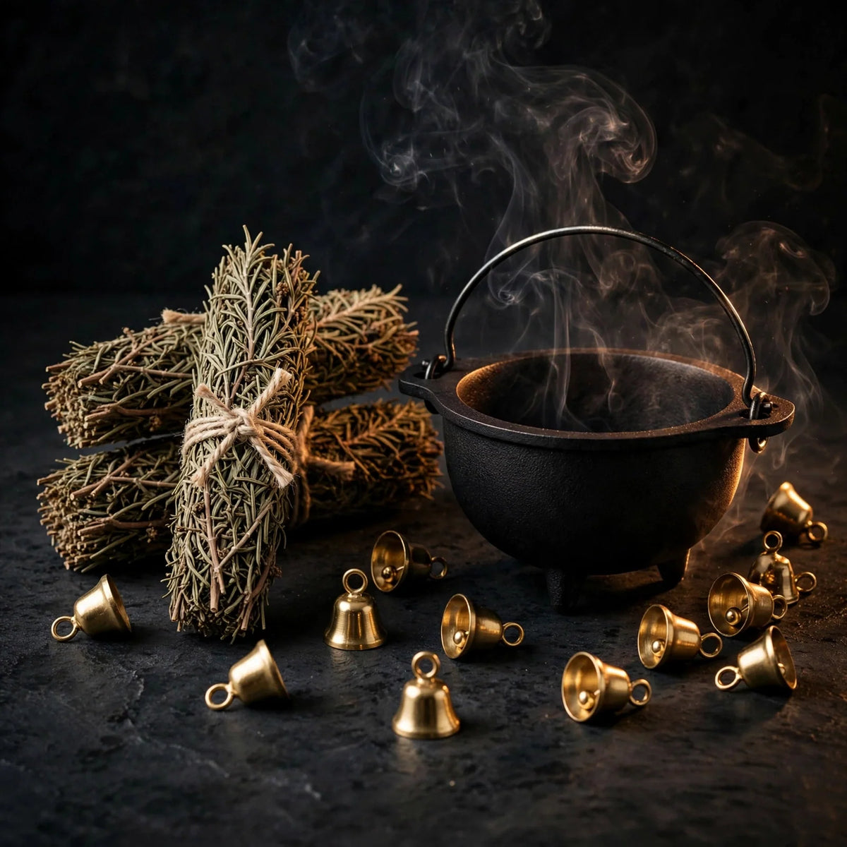 Home Cleansing Ritual Kit: rosemary, cauldron and brass bells on dark slate