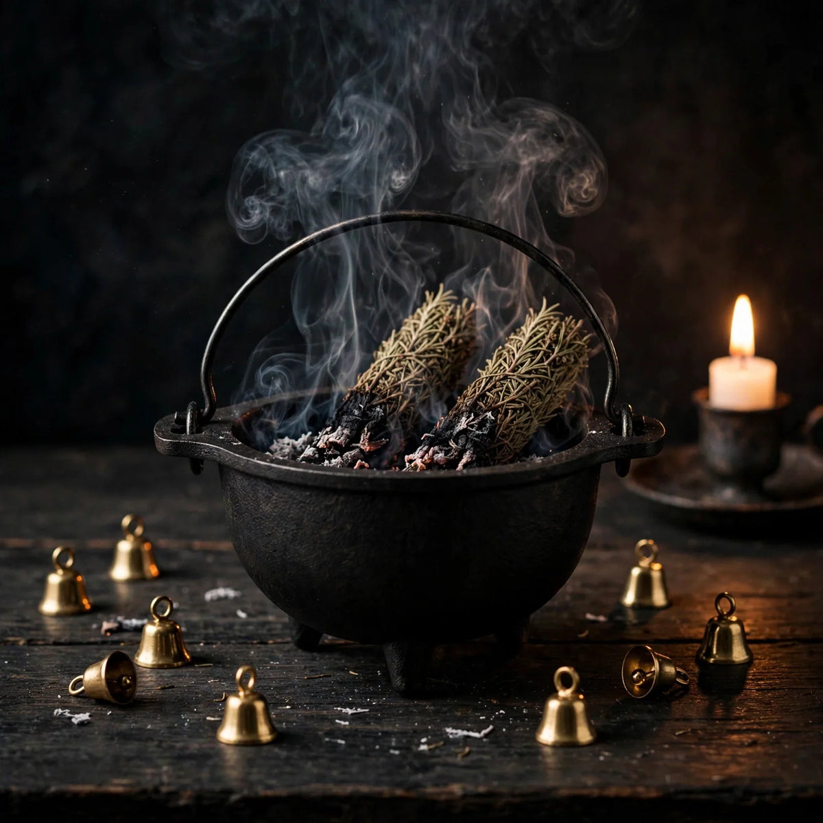 Rosemary smoldering in cast iron cauldron with brass bells, dark altar