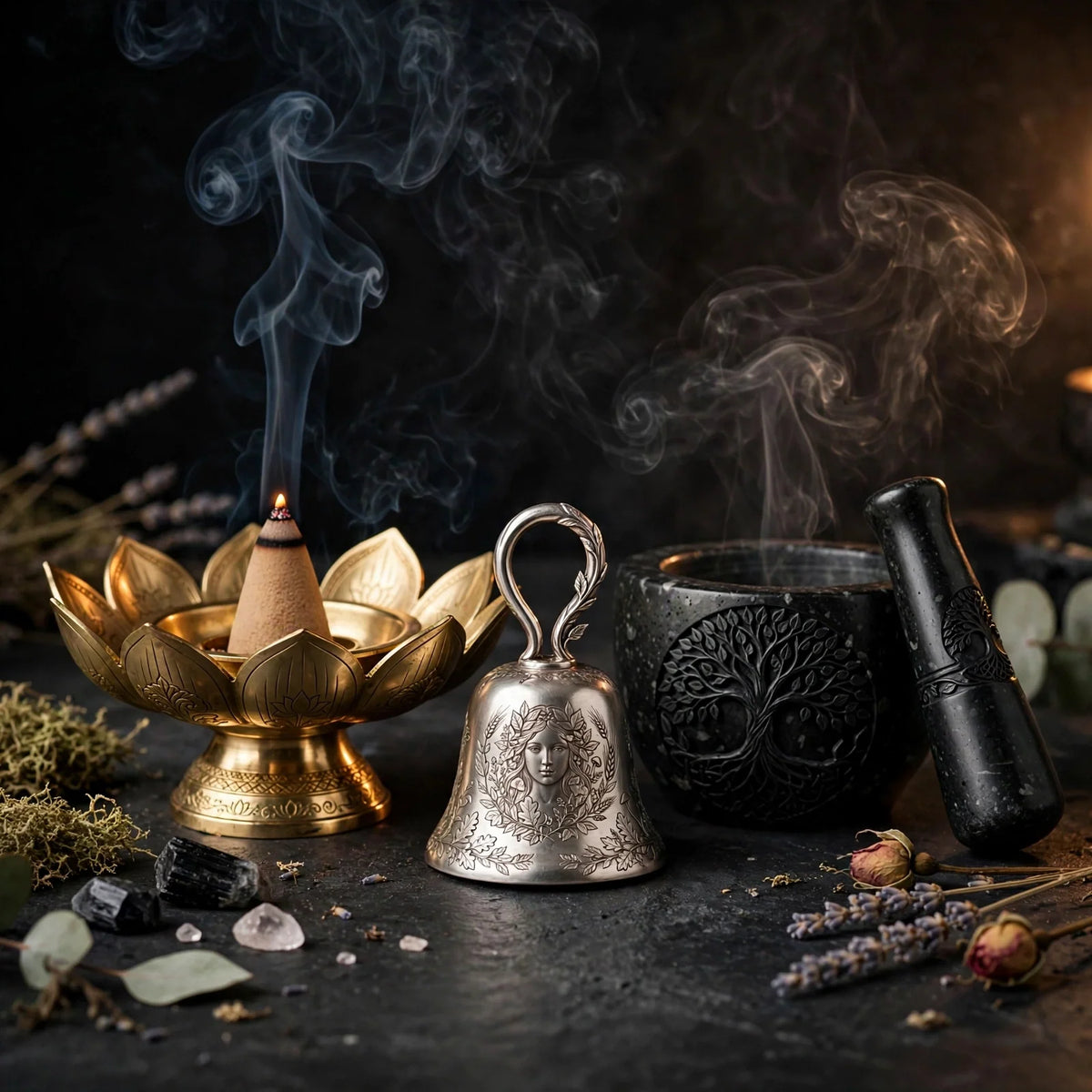 My First Altar kit: cone burner, goddess bell and mortar and pestle on dark slate