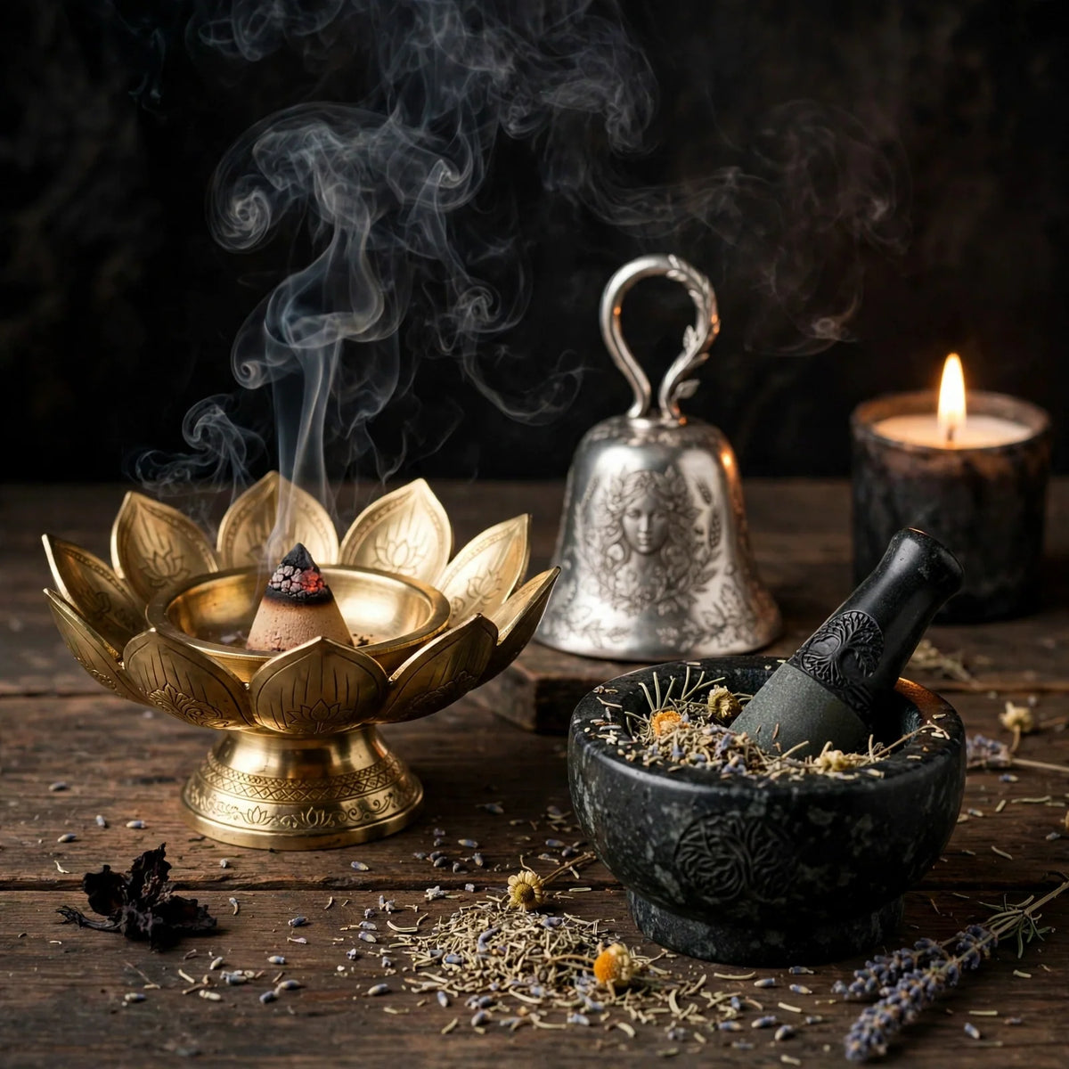 Beginner altar setup with incense cone, goddess bell and mortar, dark table