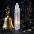 Full Moon Ritual Kit: moon bell, selenite and black copal on dark background