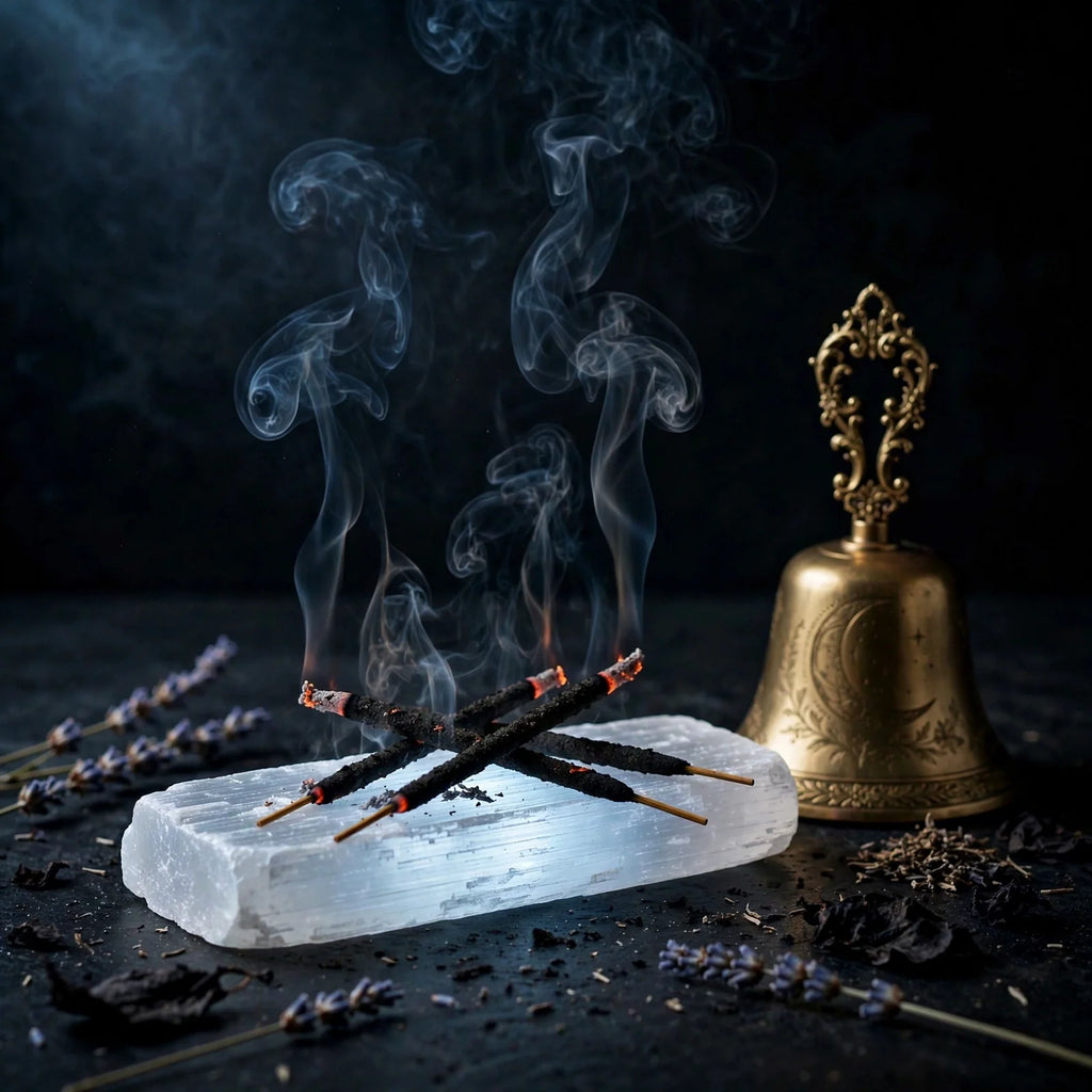 Black copal burning on selenite slab with moon bell, moonlit altar