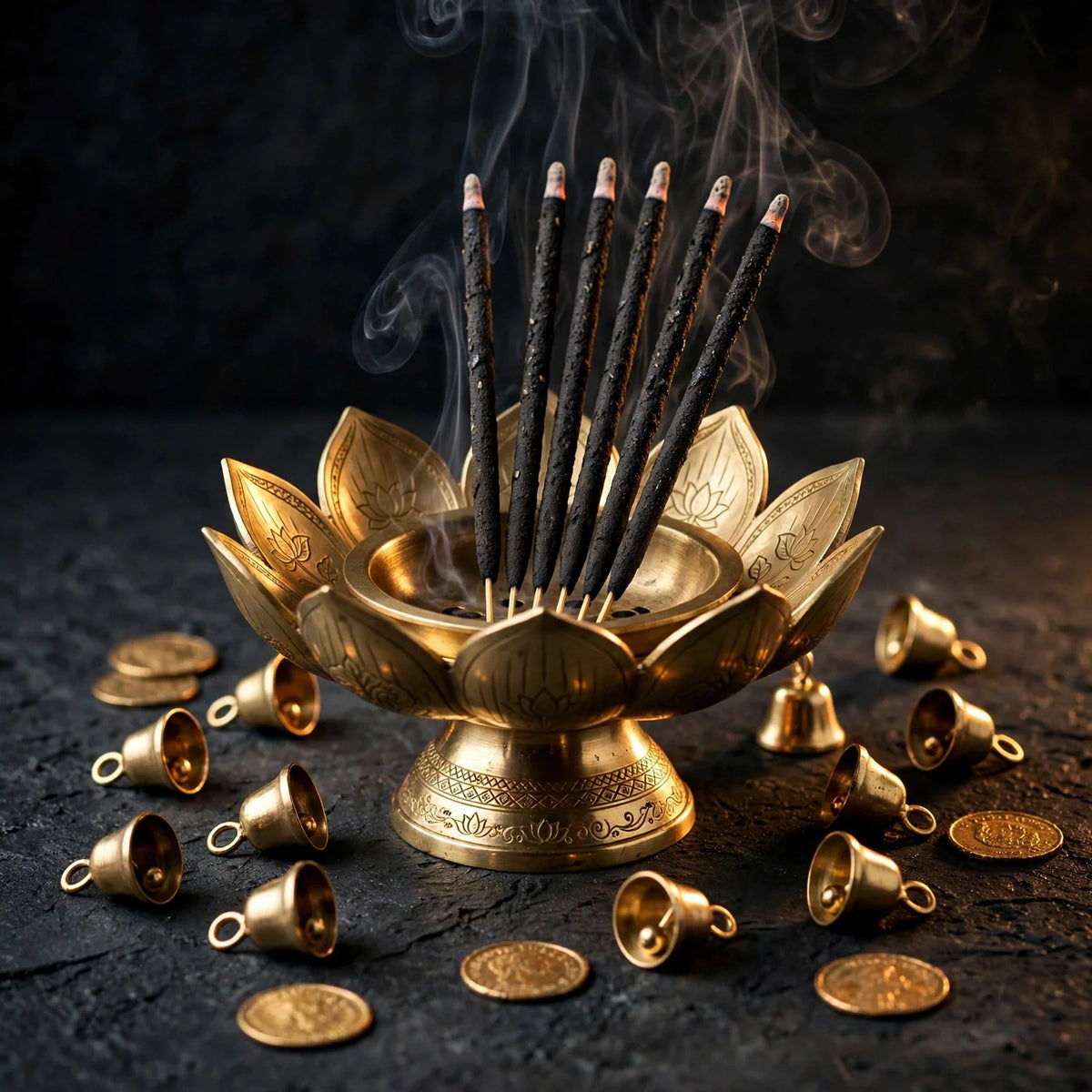 Prosperity Ritual Kit: brass cone burner with copal, bells and coins