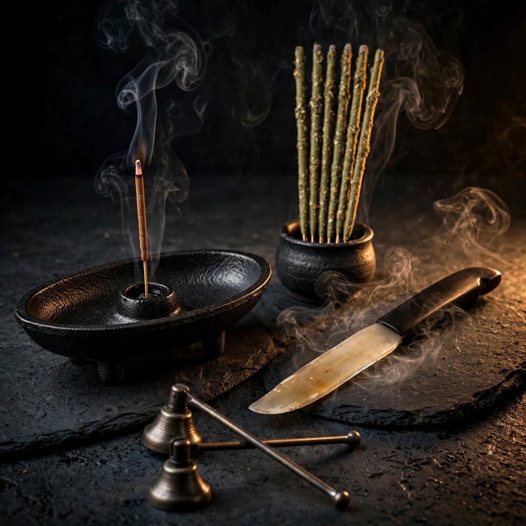 Home Protection Ritual Kit: canoe burner, mugwort, athame and snuffer on dark slate