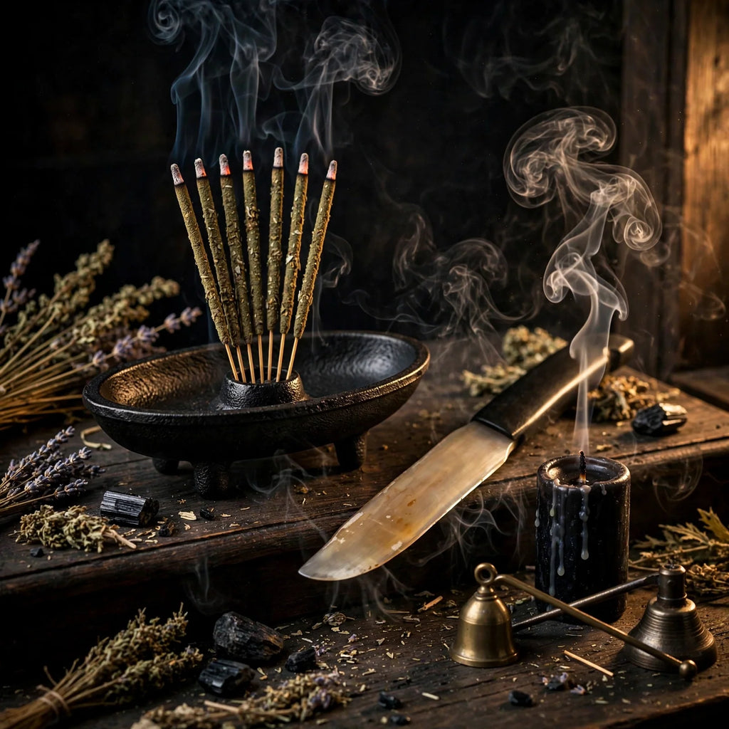Mugwort smoldering in canoe burner with athame and snuffer, dark altar