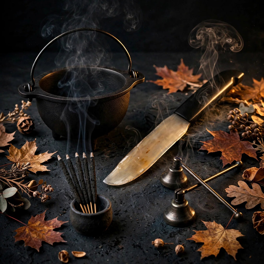 Samhain Night Ritual Kit: cauldron, athame, copal and snuffer with autumn leaves