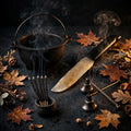 Samhain Night Ritual Kit: cauldron, athame, copal and snuffer with autumn leaves