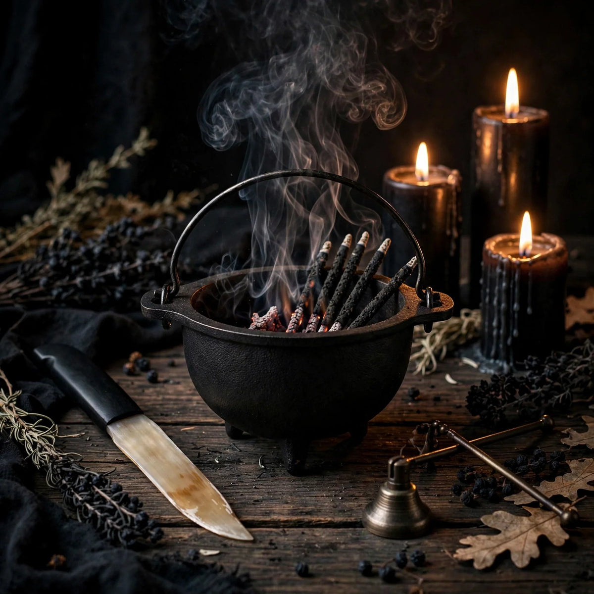 Candlelit Samhain altar with cauldron, copal smoke and athame
