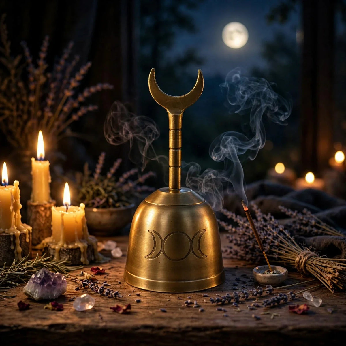 Moon Altar Bell on candlelit altar at full moon