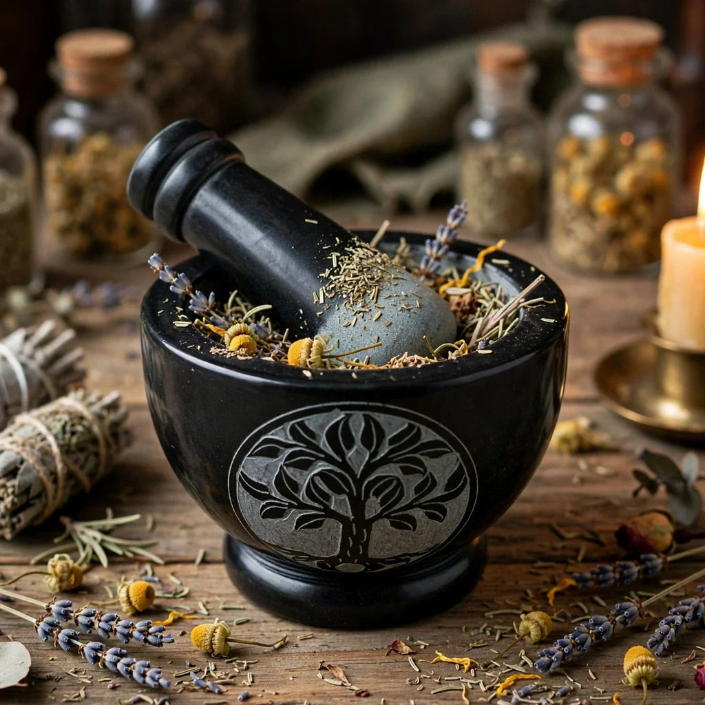 Black soapstone mortar with dried herbs, apothecary