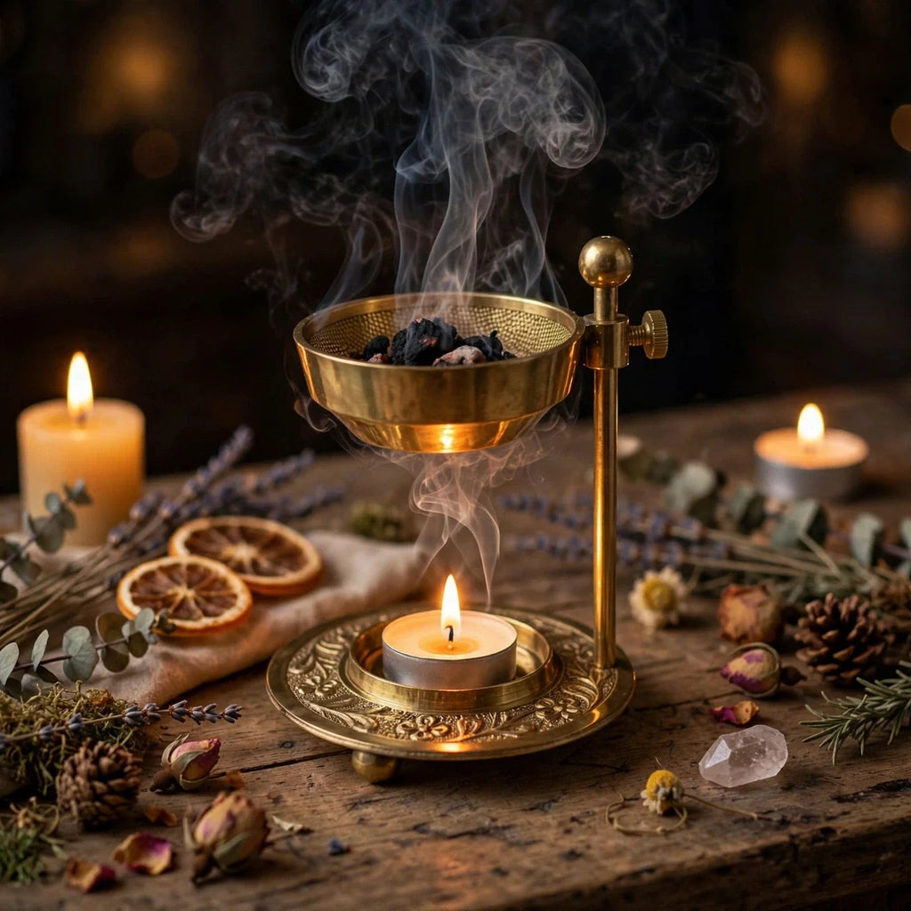 Brass resin burner in use with incense smoke