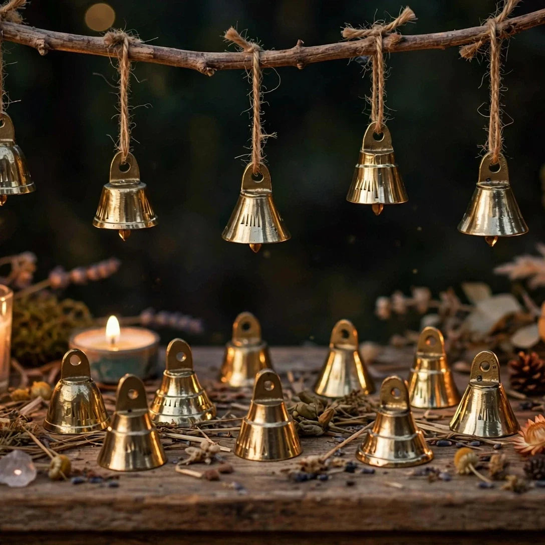 Mini brass bells hanging on altar