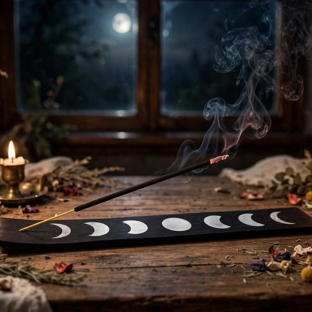 Moon phase ash catcher with burning incense, moonlit altar