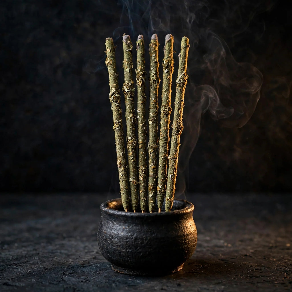 Six hand-rolled mugwort incense sticks on dark background