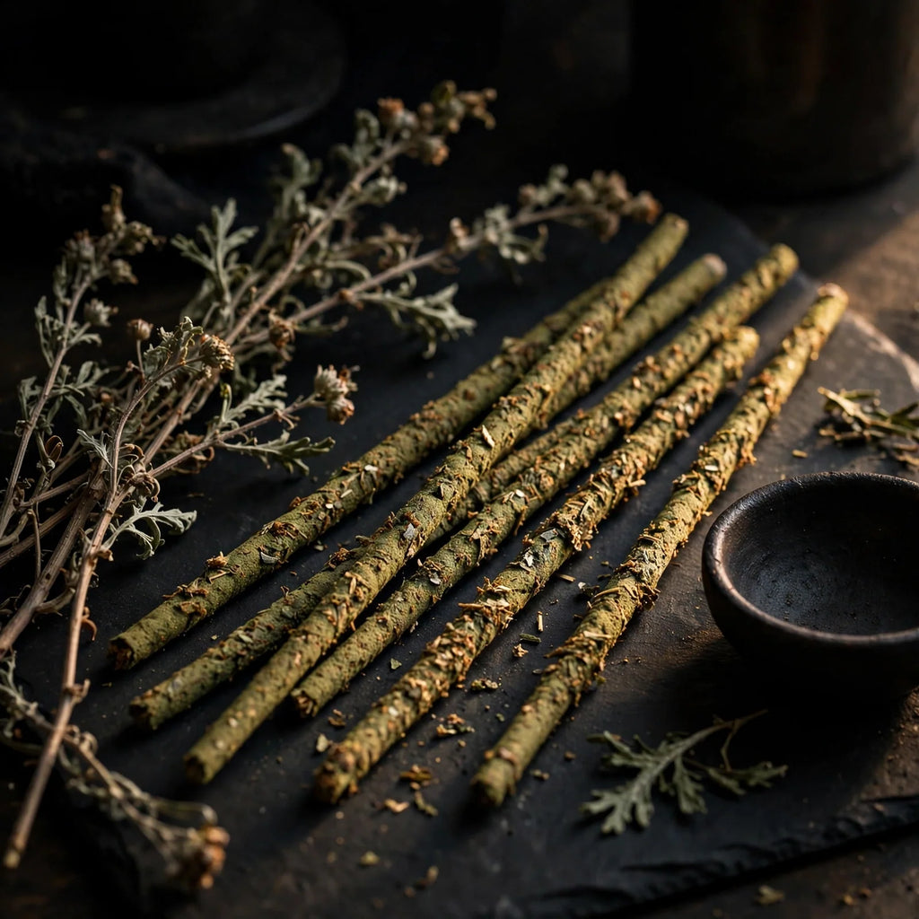 Mugwort incense sticks with dried mugwort sprigs, dark apothecary still life