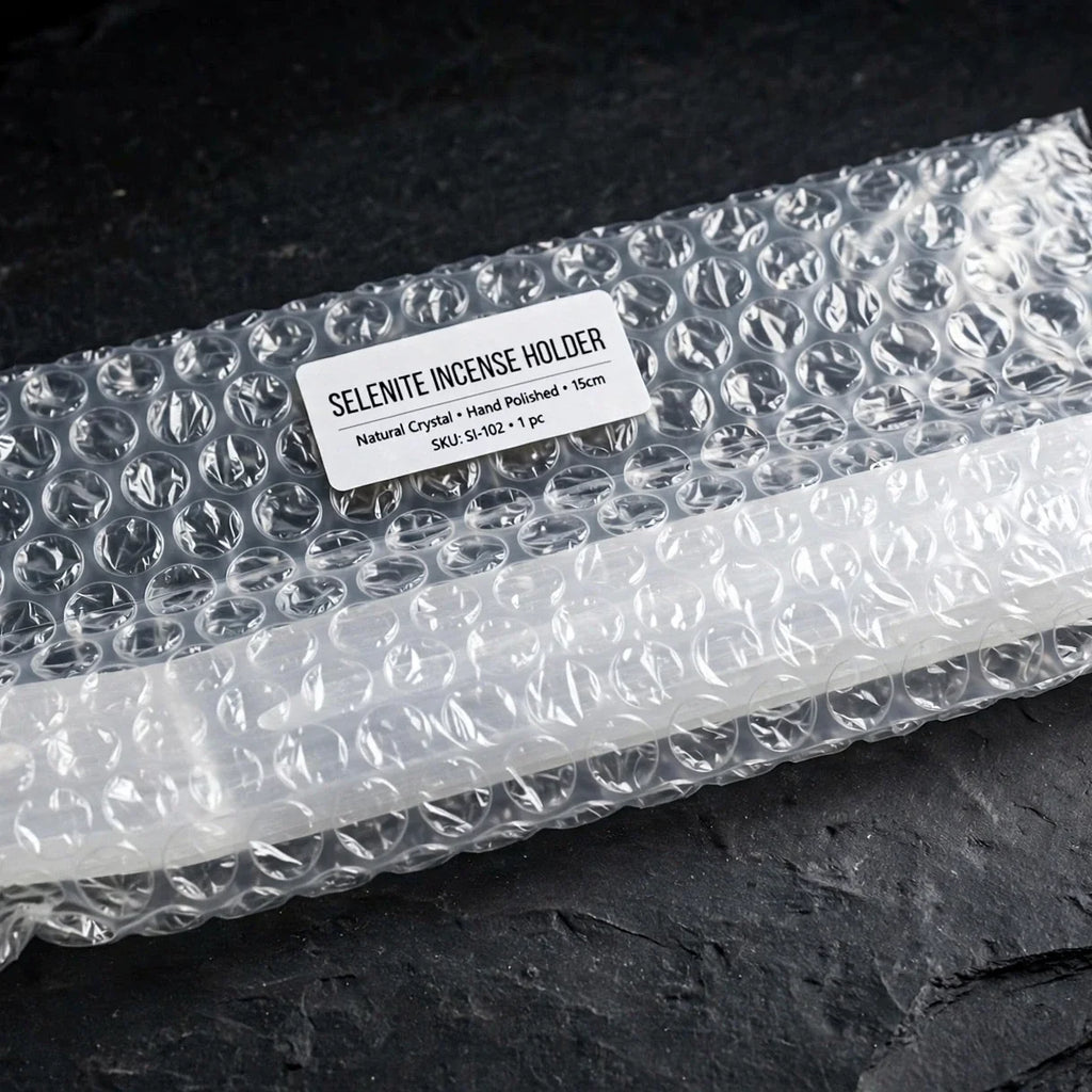 Selenite incense burner in bubble wrap packaging