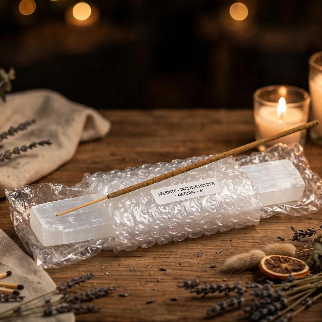 Selenite burner in bubble wrap on candlelit table