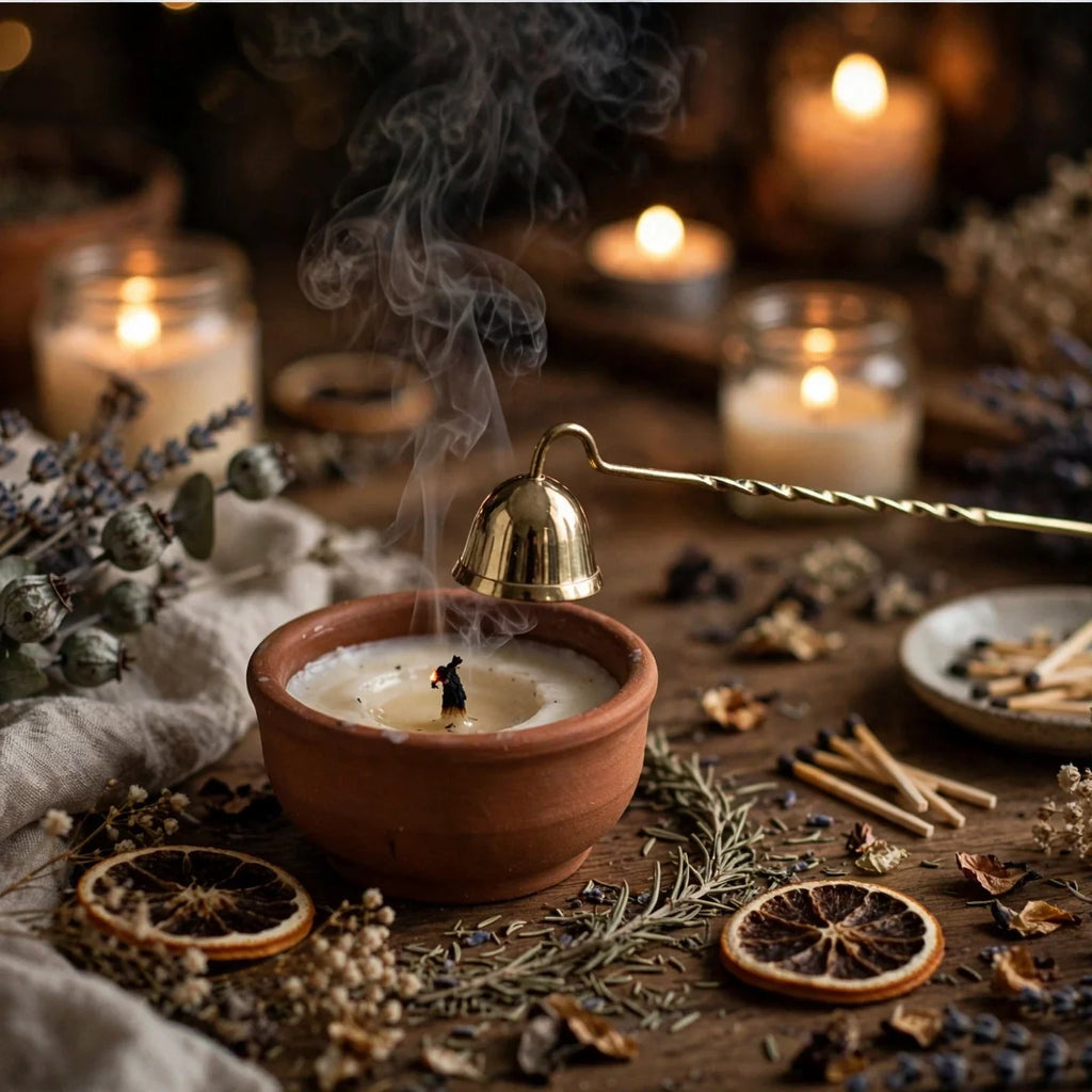 Brass candle snuffer extinguishing a candle