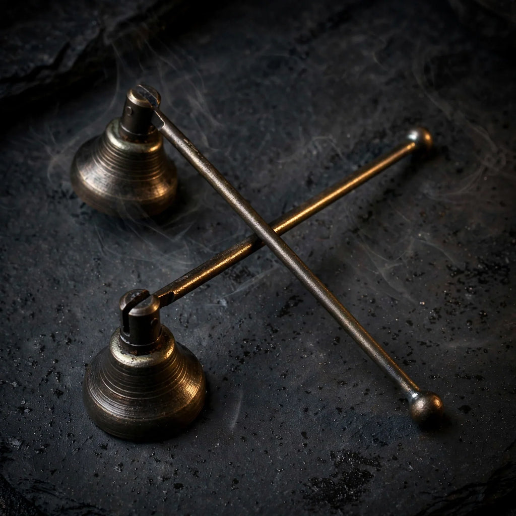 Pair of antique bronze candle snuffers on dark slate