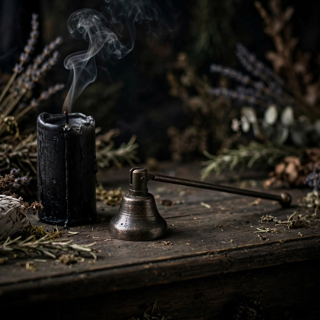 Candle snuffer beside snuffed black candle on dark altar