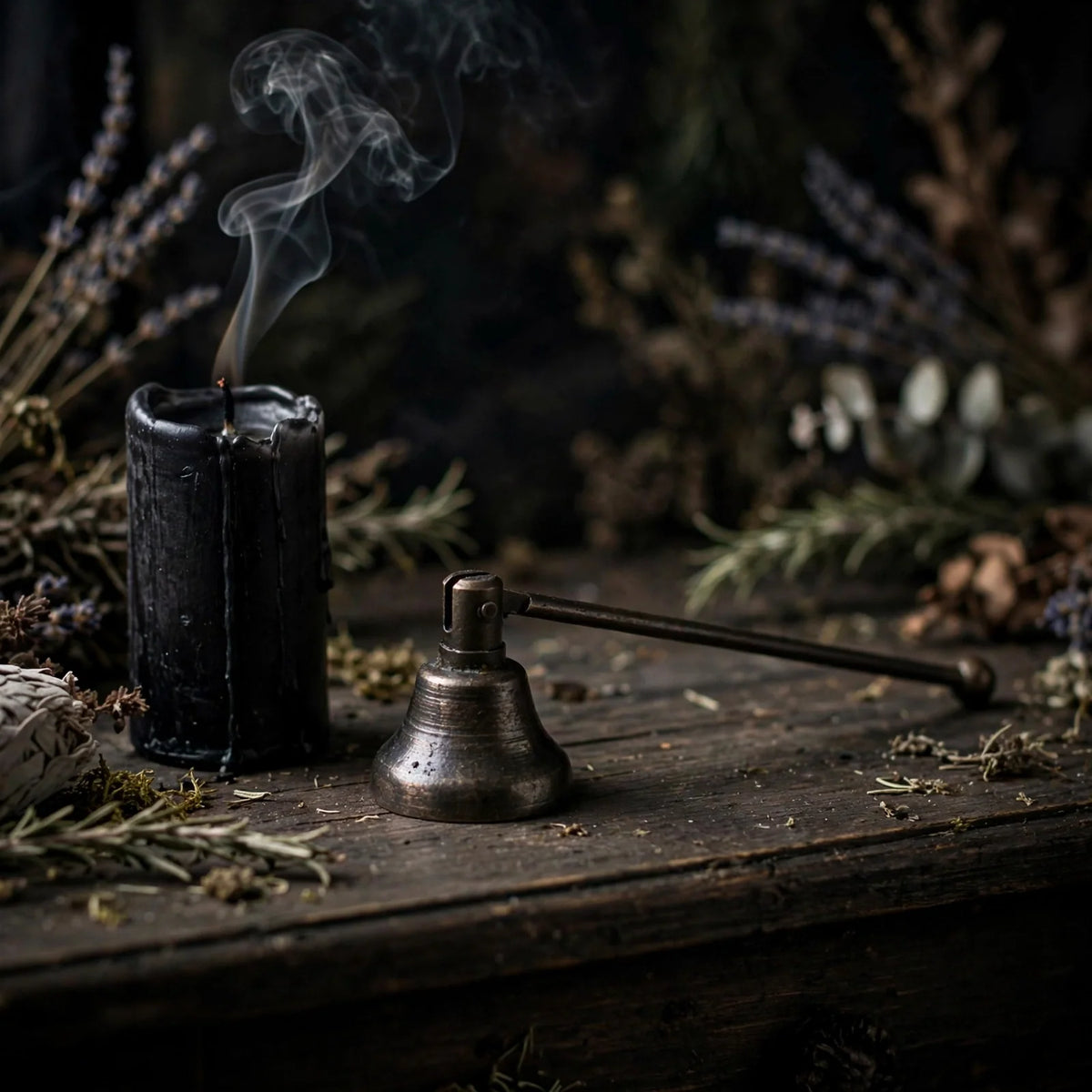 Candle snuffer beside snuffed black candle on dark altar